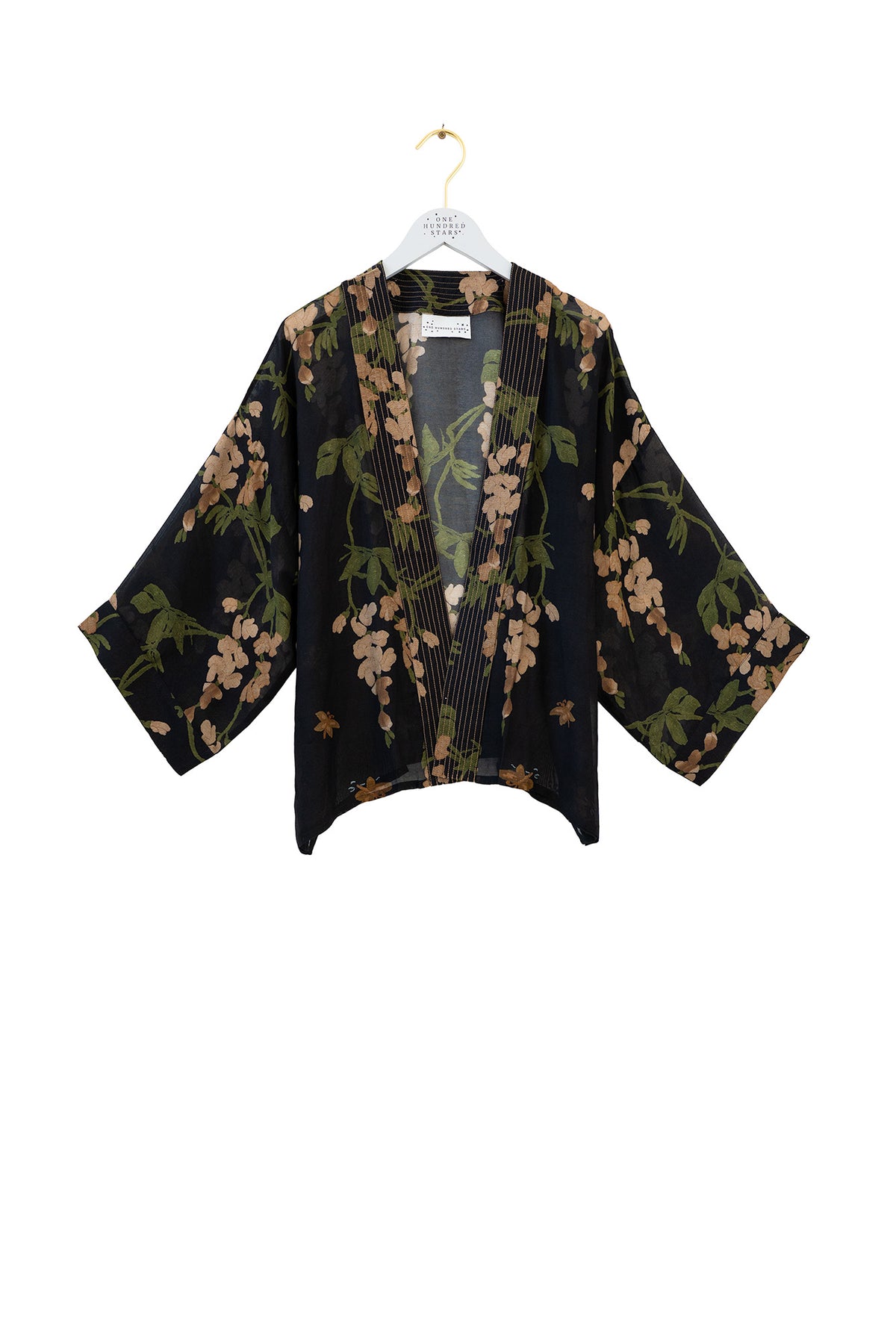 One Hundred Stars Wisteria Black Kimono with cascading floral print