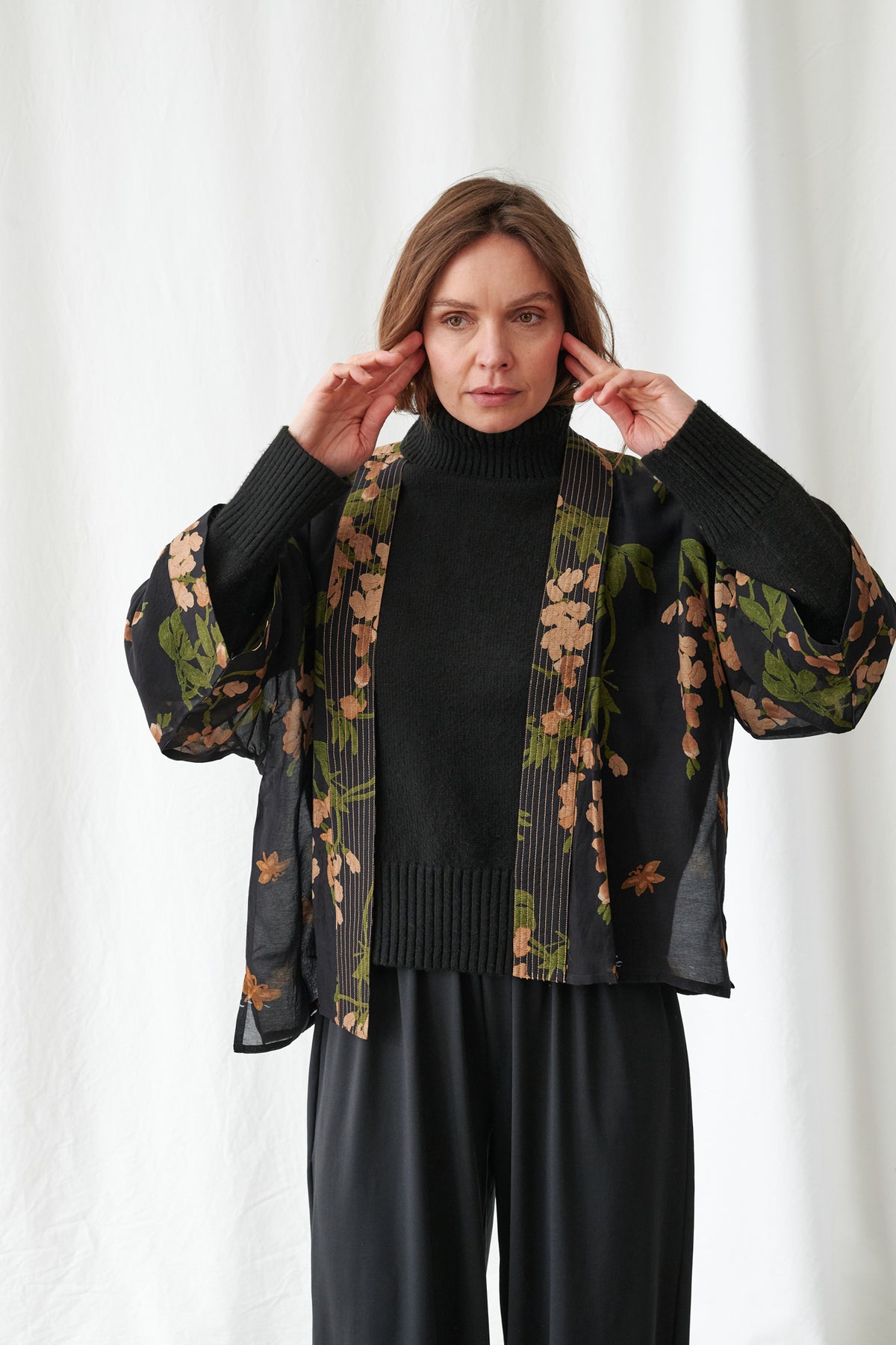 One Hundred Stars Wisteria Black Kimono with cascading floral print