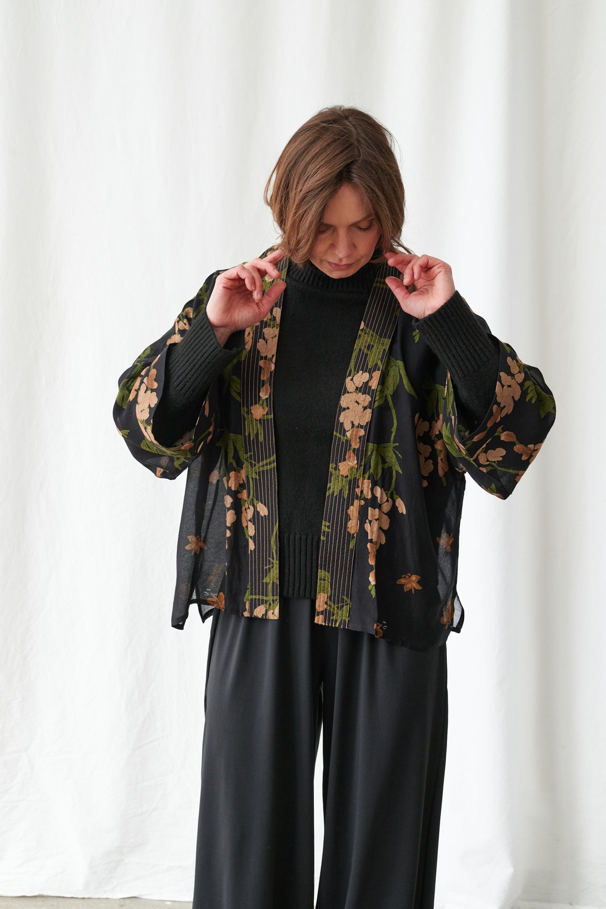 One Hundred Stars Wisteria Black Kimono with cascading floral print