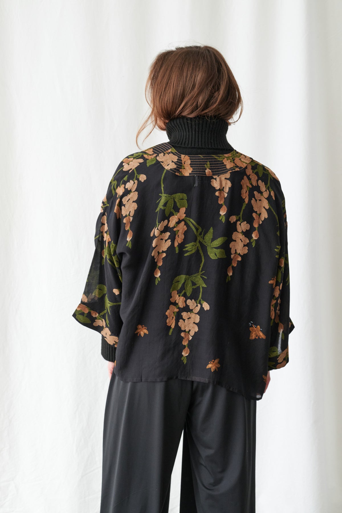 One Hundred Stars Wisteria Black Kimono with cascading floral print
