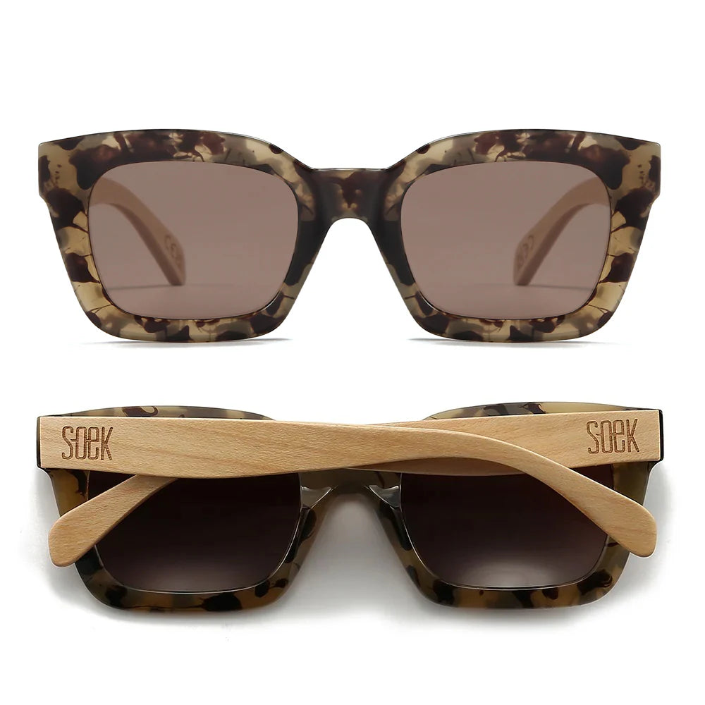 SOEK Zahra opal tortoise rectangular sunglasses with brown gradient polarised lenses and white maple wooden arms