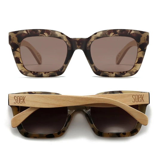 SOEK Zahra opal tortoise rectangular sunglasses with brown gradient polarised lenses and white maple wooden arms
