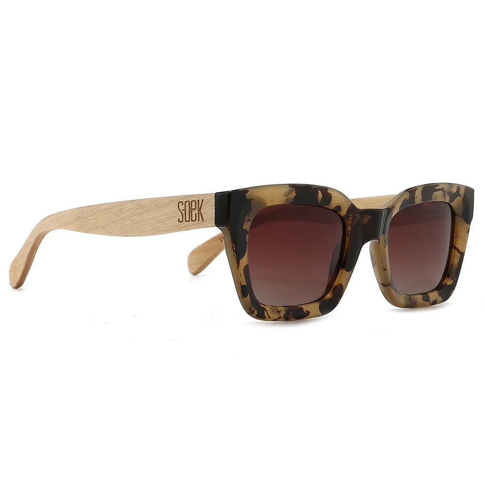 SOEK Zahra opal tortoise rectangular sunglasses with brown gradient polarised lenses and white maple wooden arms