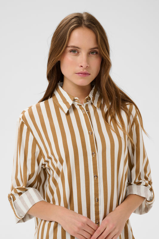 Woman wearing the Zalinda brown and white striped shirt dress 