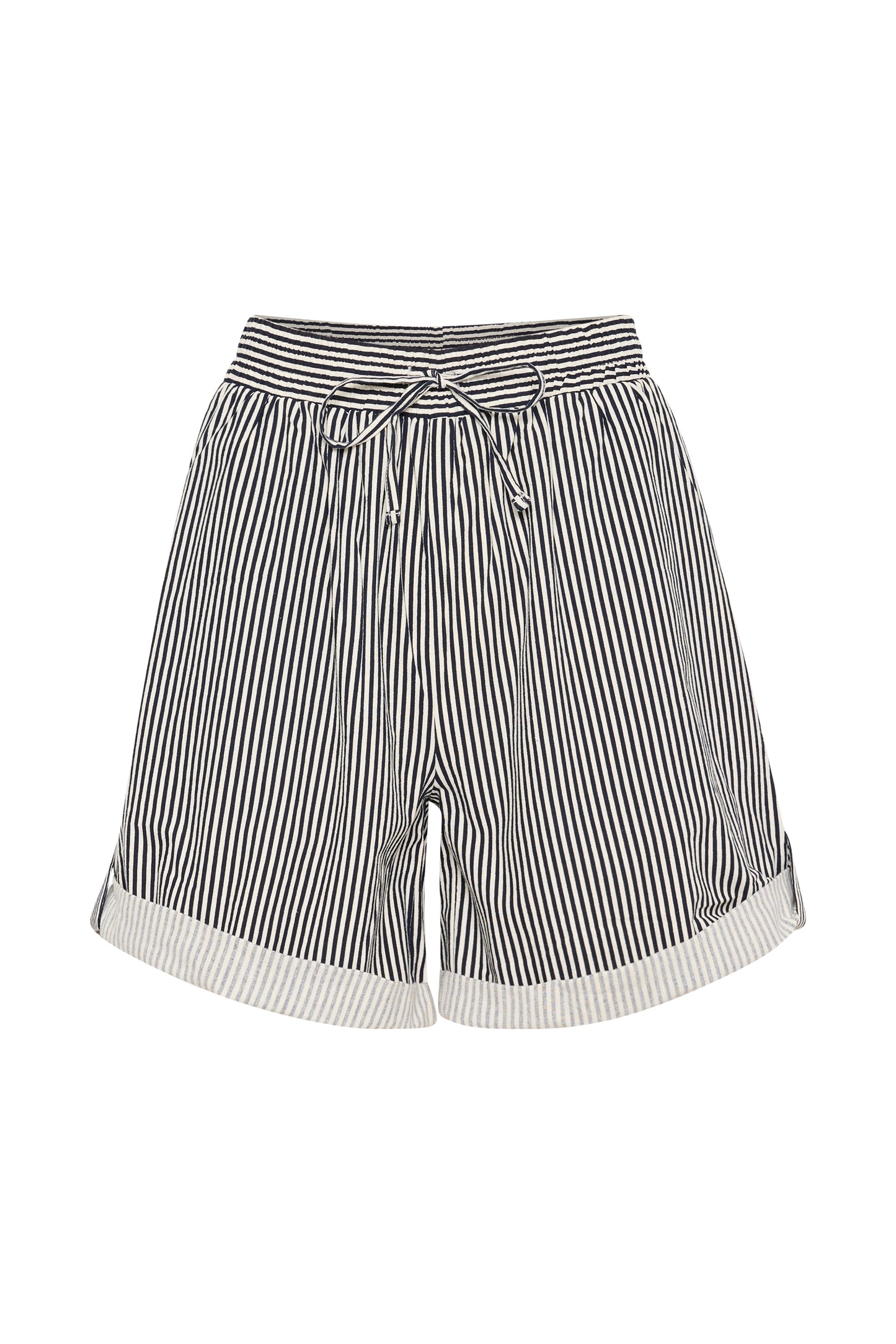 Woman wearing the Saint tropez black and white striped shorts.