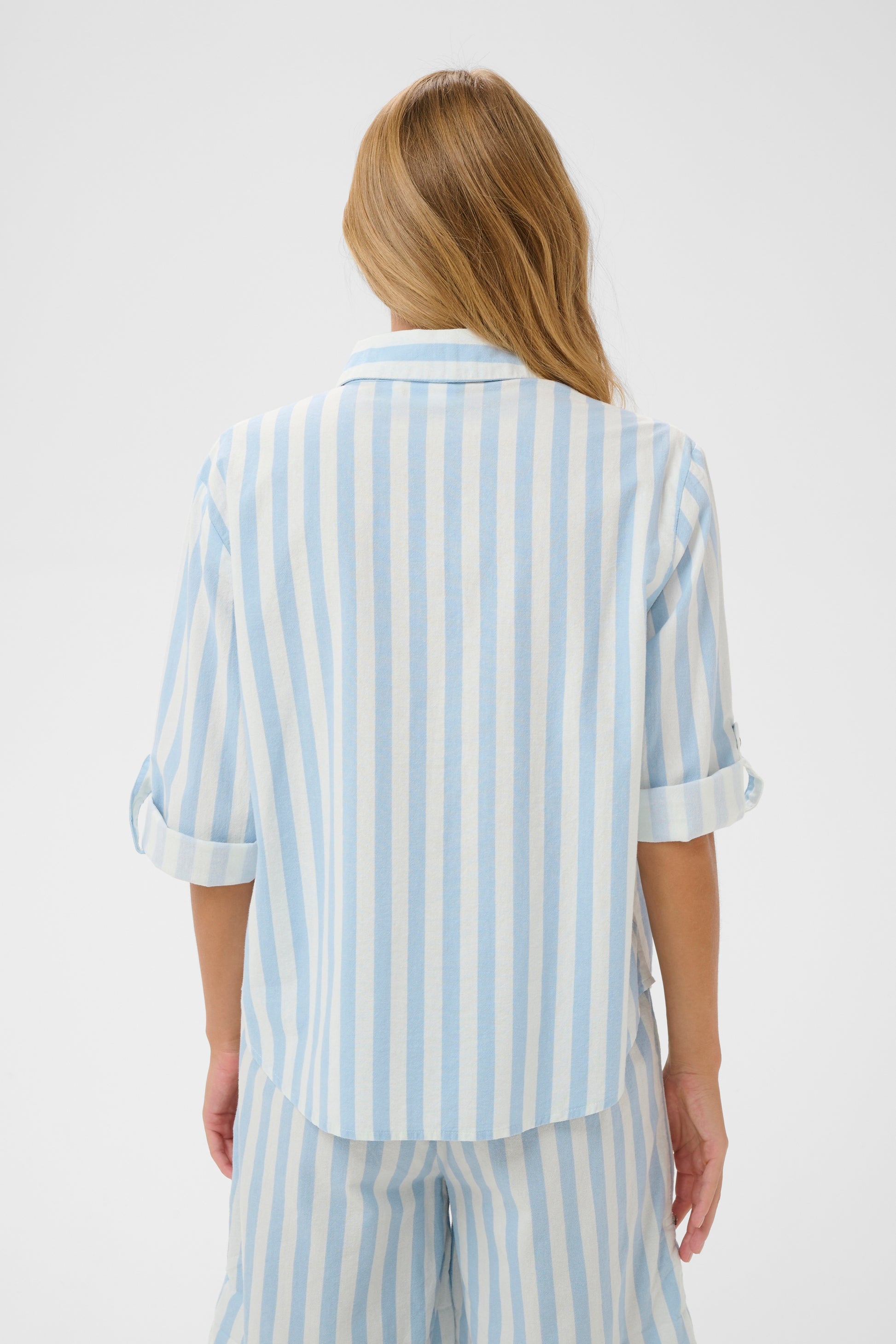 Zalinda Blue striped shirt with roll up sleeves