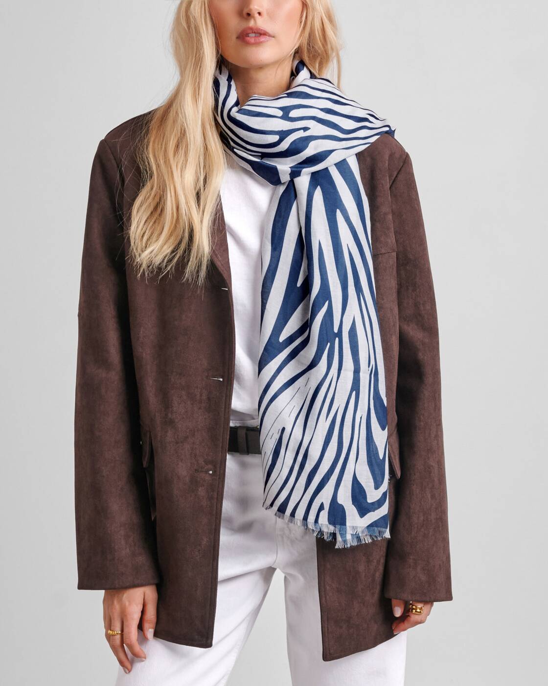 Katie Loxton zebra printed scarf in off white and navy. 