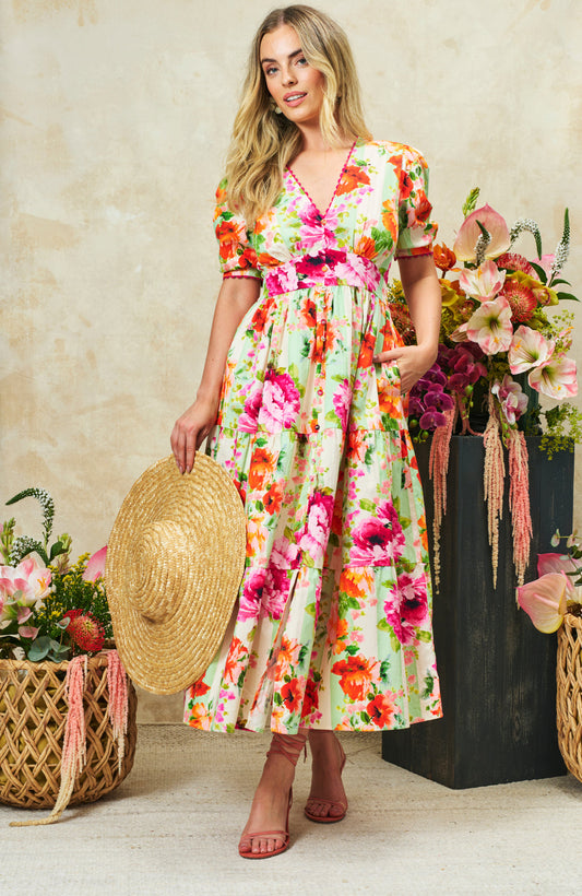Hope & Ivy Zeena V-Neck Tea Dress puff sleeves full skirt with bright pink and orange flowers
