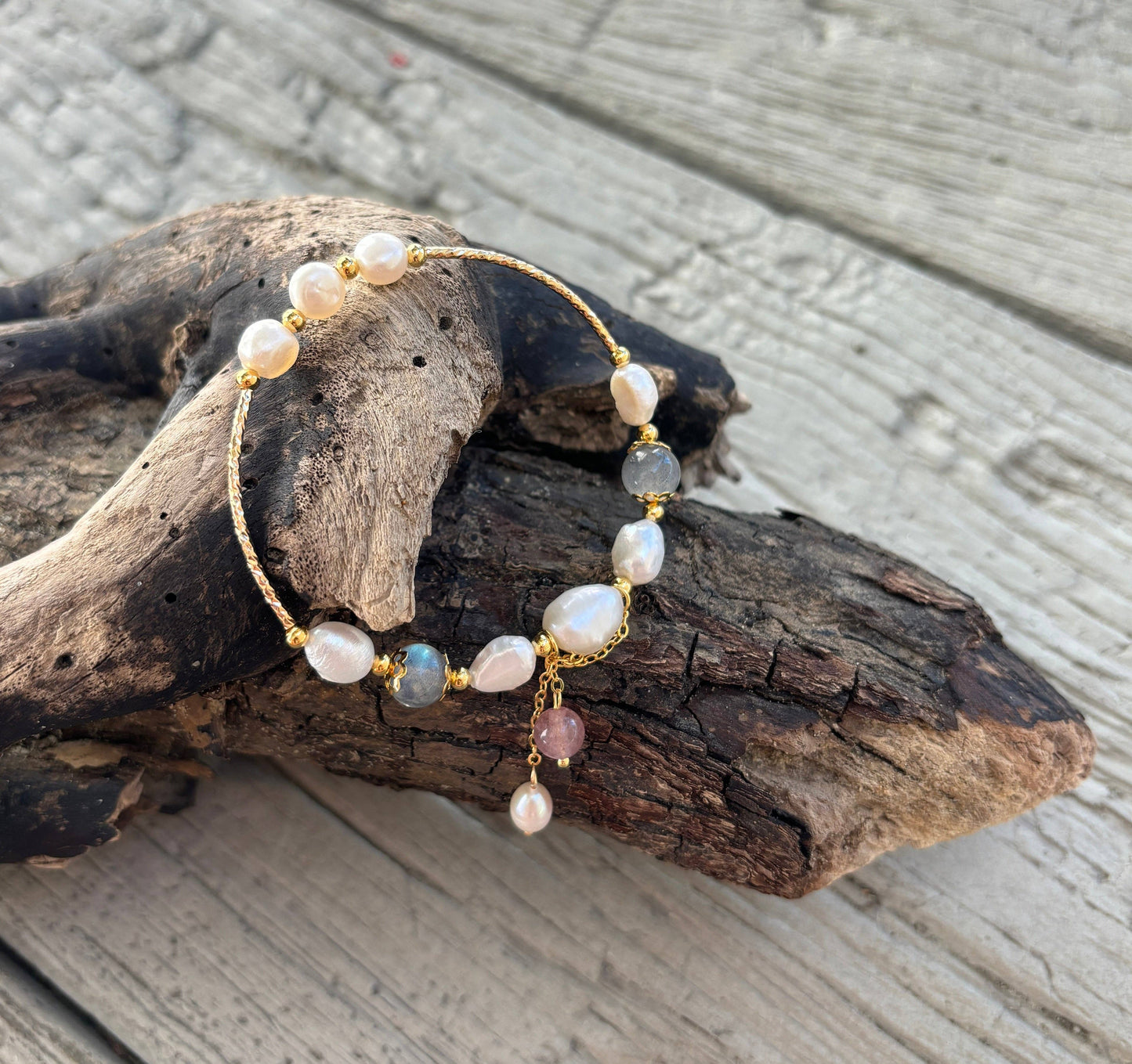 Ocean Ripples 14ct Gold Plated Fresh Water Pearl Moonstone Elastic Bracelet