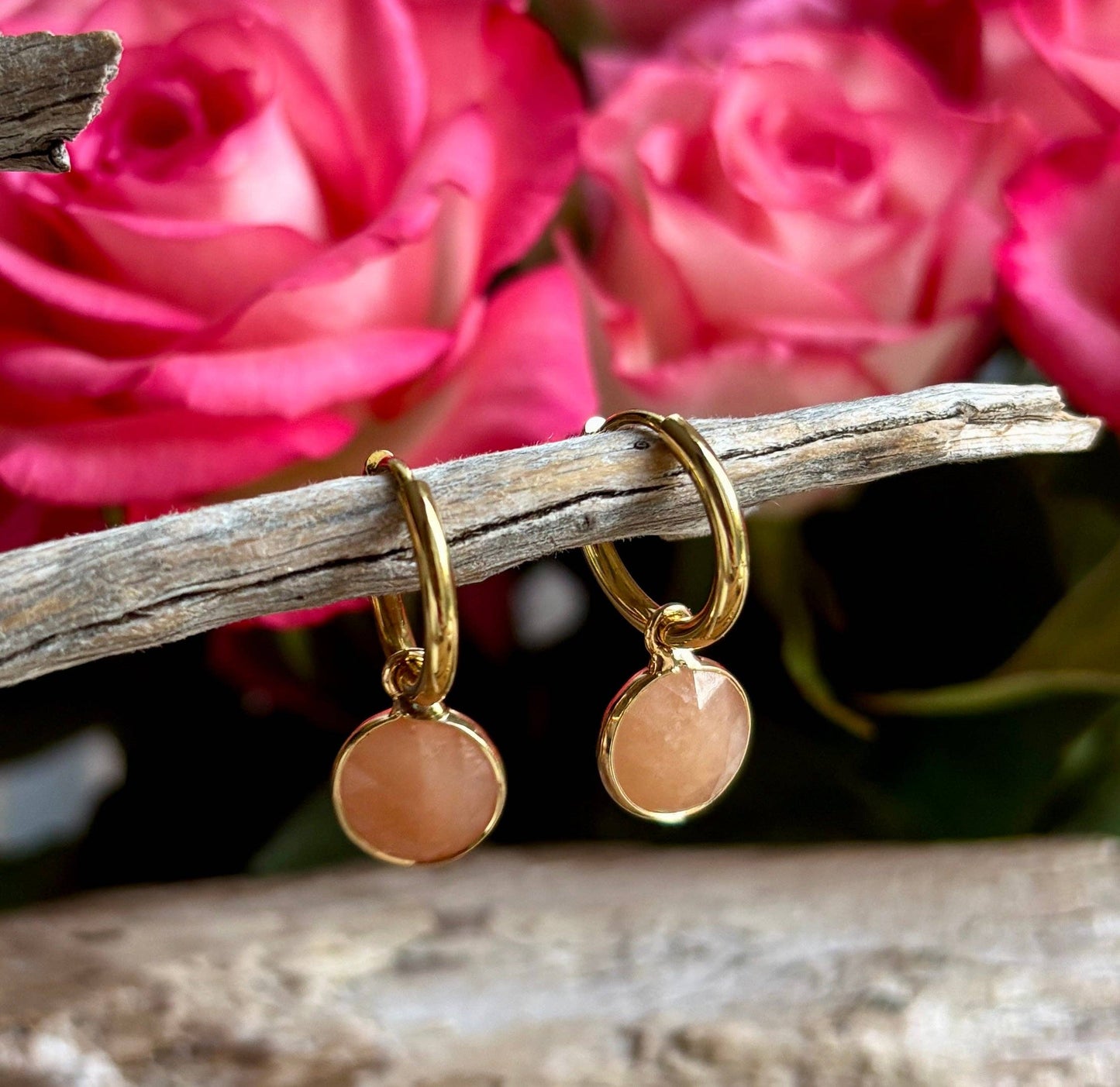 Ocean Ripples 18ct Gold Plated Huggie Earrings with Natural Stones – Available in Three Options: Rose Quartz