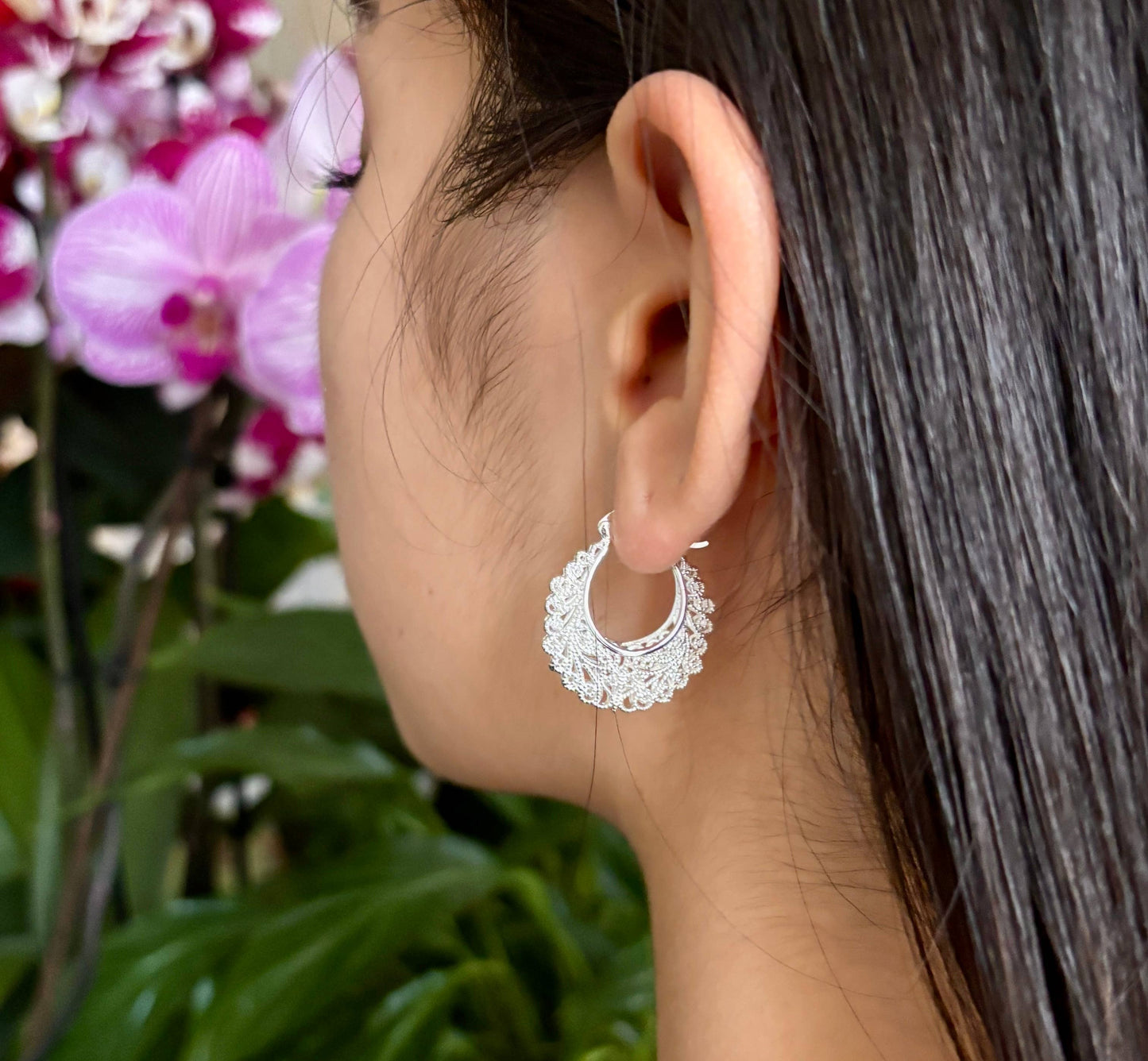 Ocean Ripples Silver Lace Hoop Earrings 