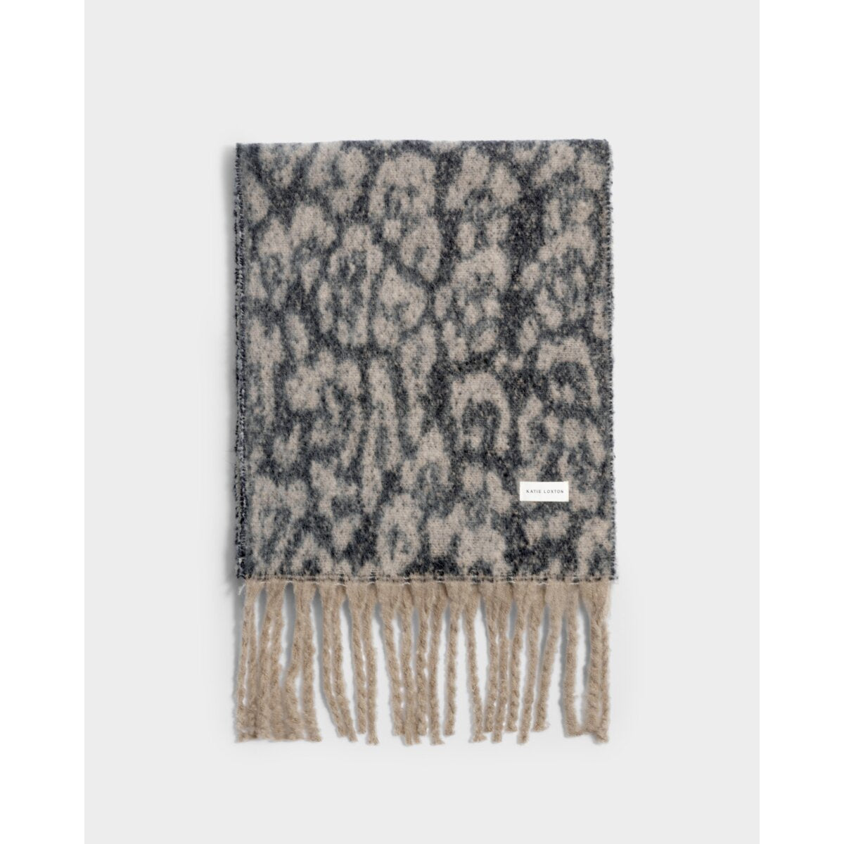 Katie Loxton Recycled Tassel Scarf in Taupe and Chocolate Animal Print