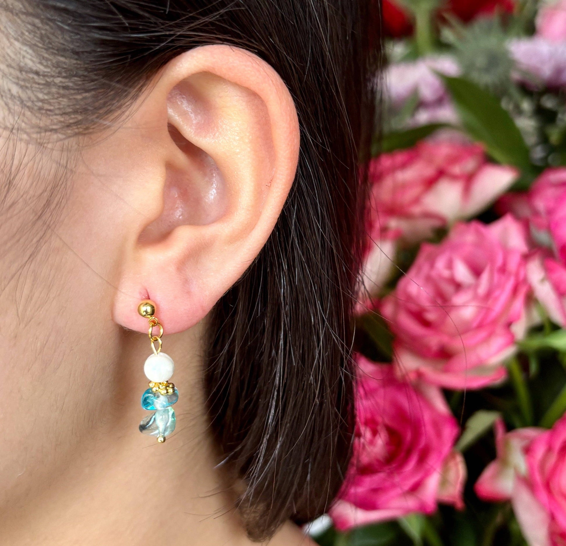 Ocean Ripples 14ct Gold Plated Aquamarine Cluster Drop Earrings