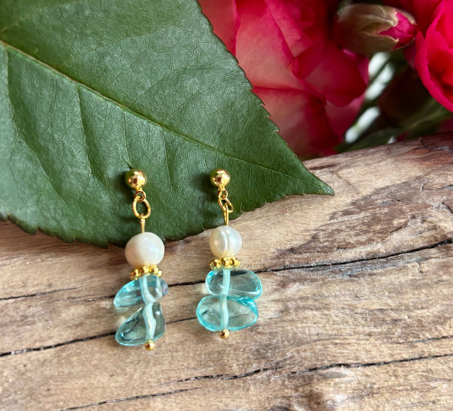Ocean Ripples 14ct Gold Plated Aquamarine Cluster Drop Earrings