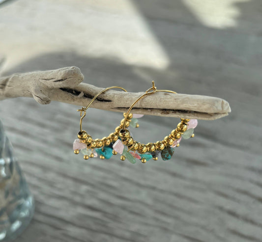 Ocean Ripples 18ct Gold Plated Gemstone Cluster Hoop Earrings - Default Title