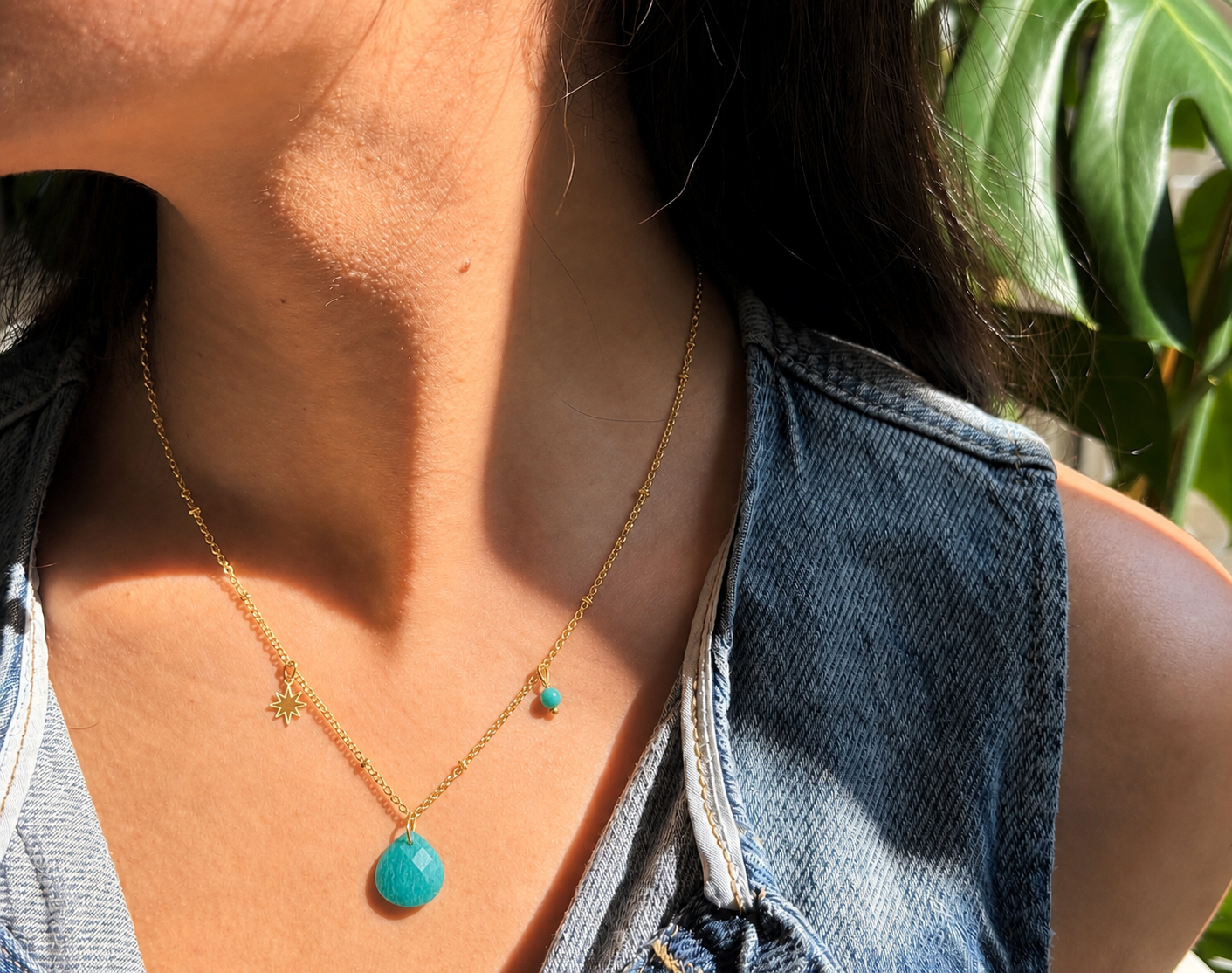 Ocean Ripples 18ct Gold Plated Amazonite Natural Stone Pendant Necklace