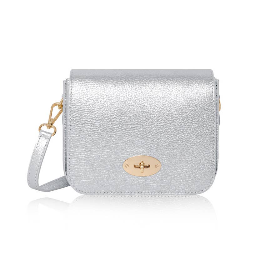Italian Genuine Leather Crossbody Bag with Metal Clasp: Navy