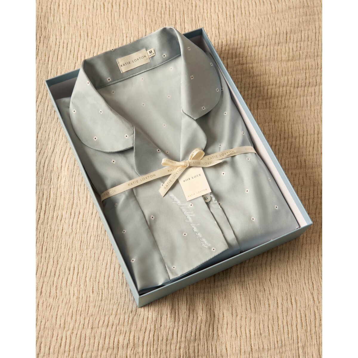 Katie Loxton Gift Boxed Blue & White Diamond Pyjamas with 'This Is My Happy Place' Embroidered Sleeve
