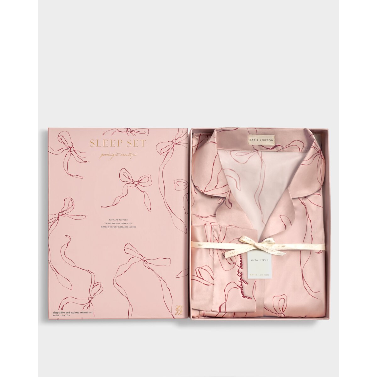 Katie Loxton Gift Boxed Pink Cherry Bow Pyjamas with 'Good Night Beautiful' Embroidered Cuff