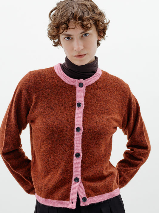 Inwear Guna Brown cardigan with pink edging