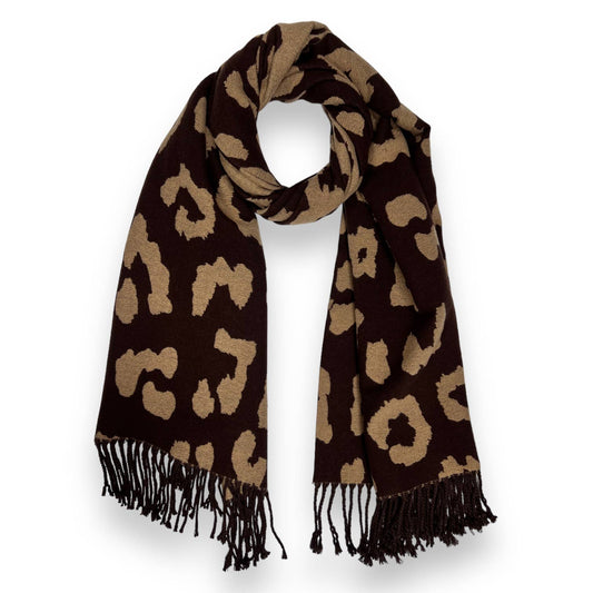 Leopard print scarf with fringes on a white background