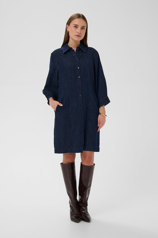 woman wearing the Soaked In luxury Chaman Denim knee length dress