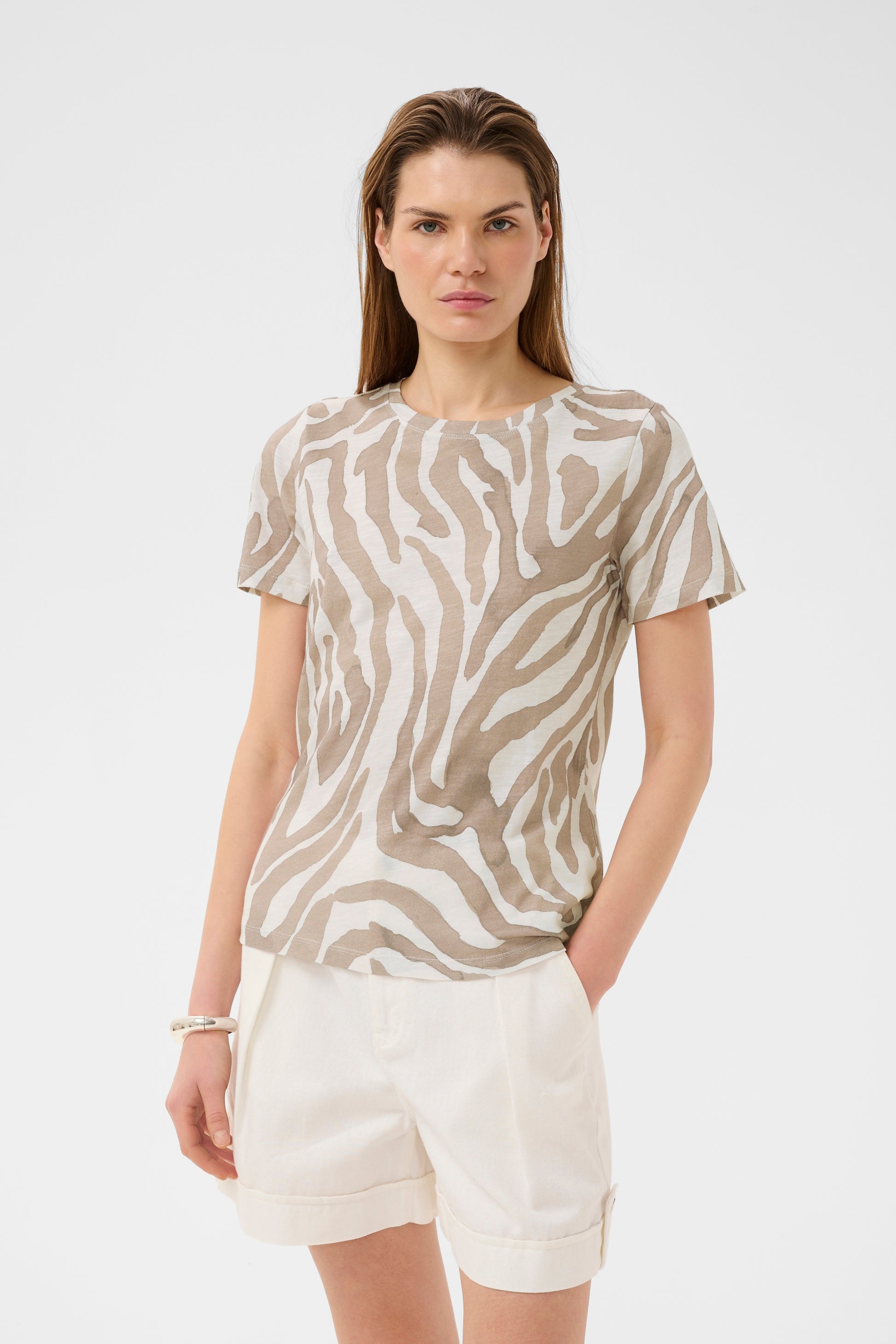 InWear Alma Print T-Shirt Neutral Zebra womens top View from the back of model