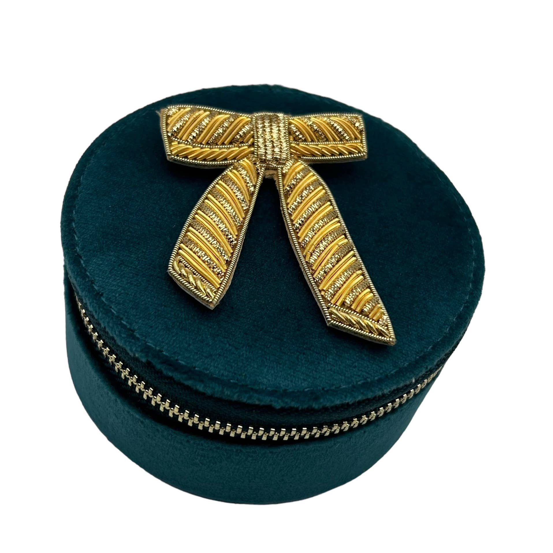 gold bow on teal travel jewellery case