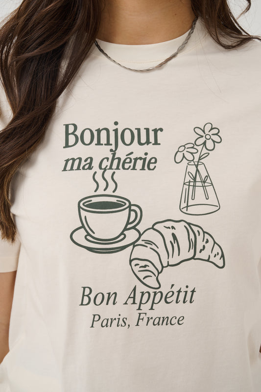 Saint Tropez Tachell cream graphic T-shirt with green Paris print