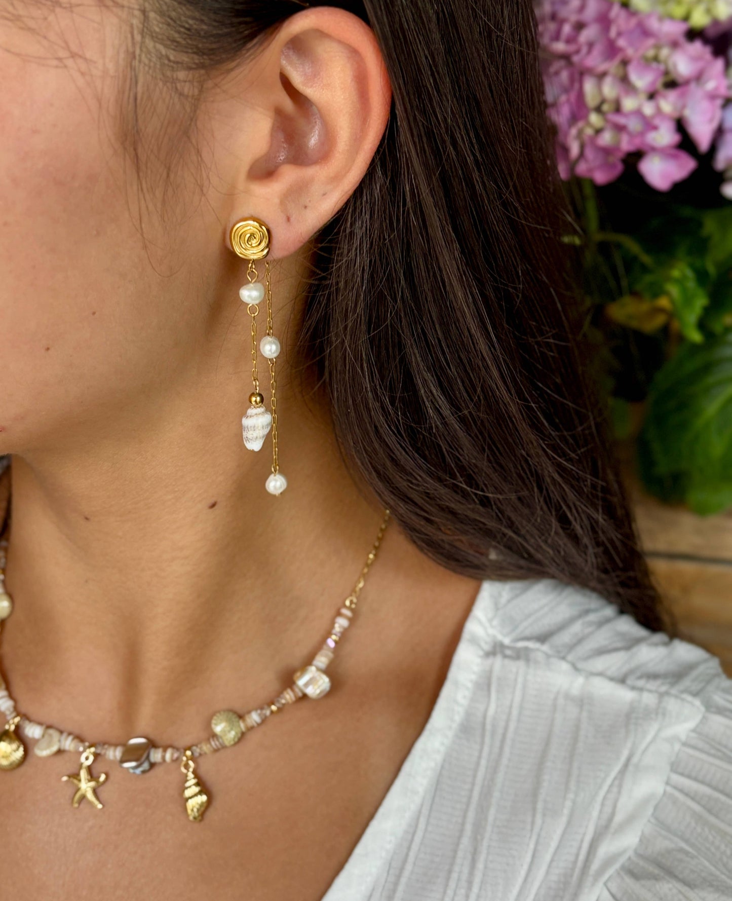 Ocean Ripples 18ct gold plated pearl shell dangle earrings