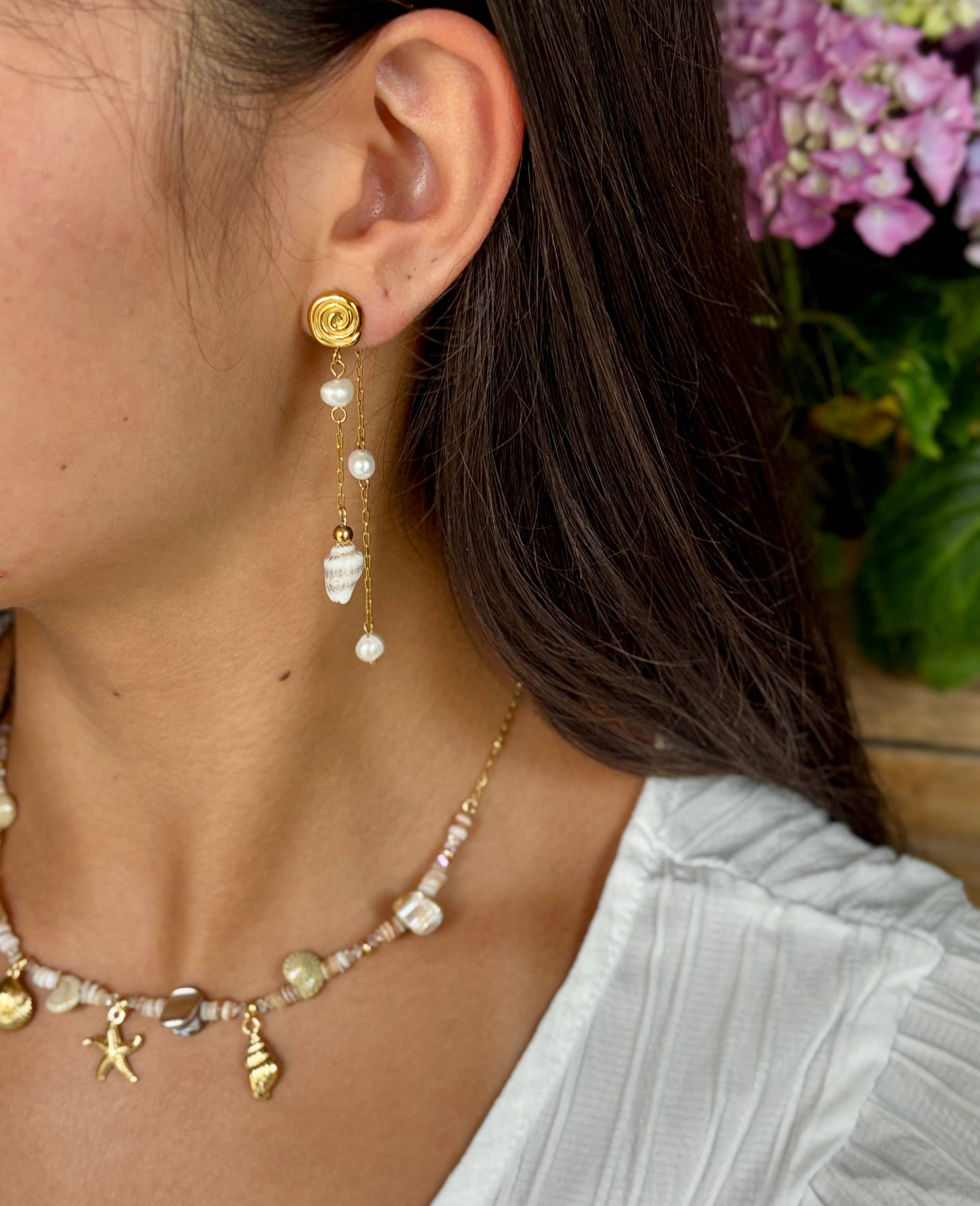 Ocean Ripples 18ct gold plated pearl shell dangle earrings