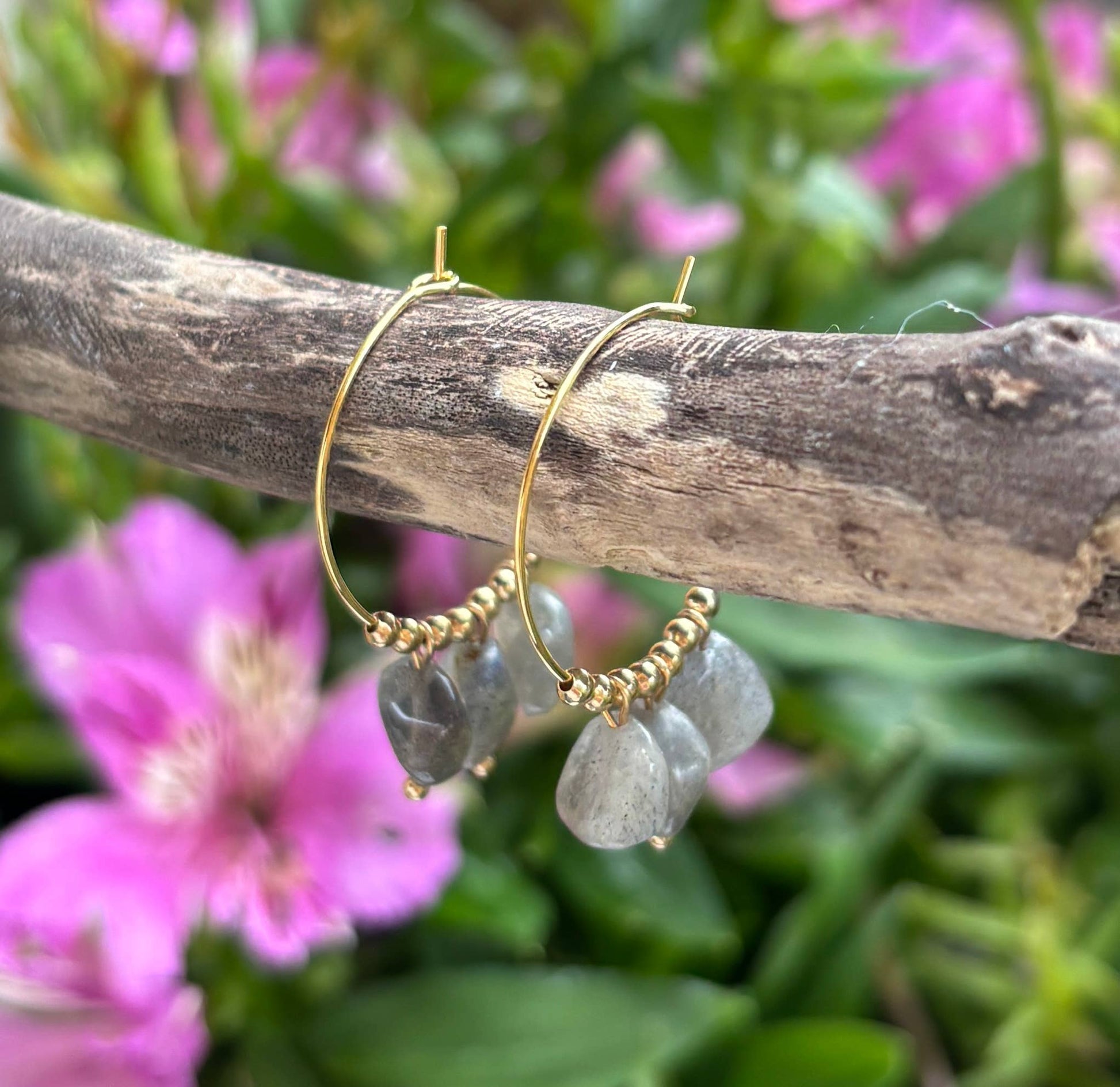 Ocean Ripples 18ct Gold Plated Labradorite Cluster Hoop Earrings with natural gemstone detailing.