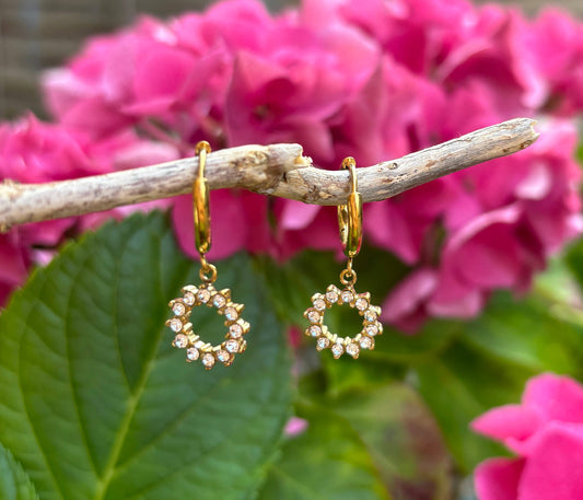 Gold hoop earrings with circular designs hanging on a branch with pink flowers in the background