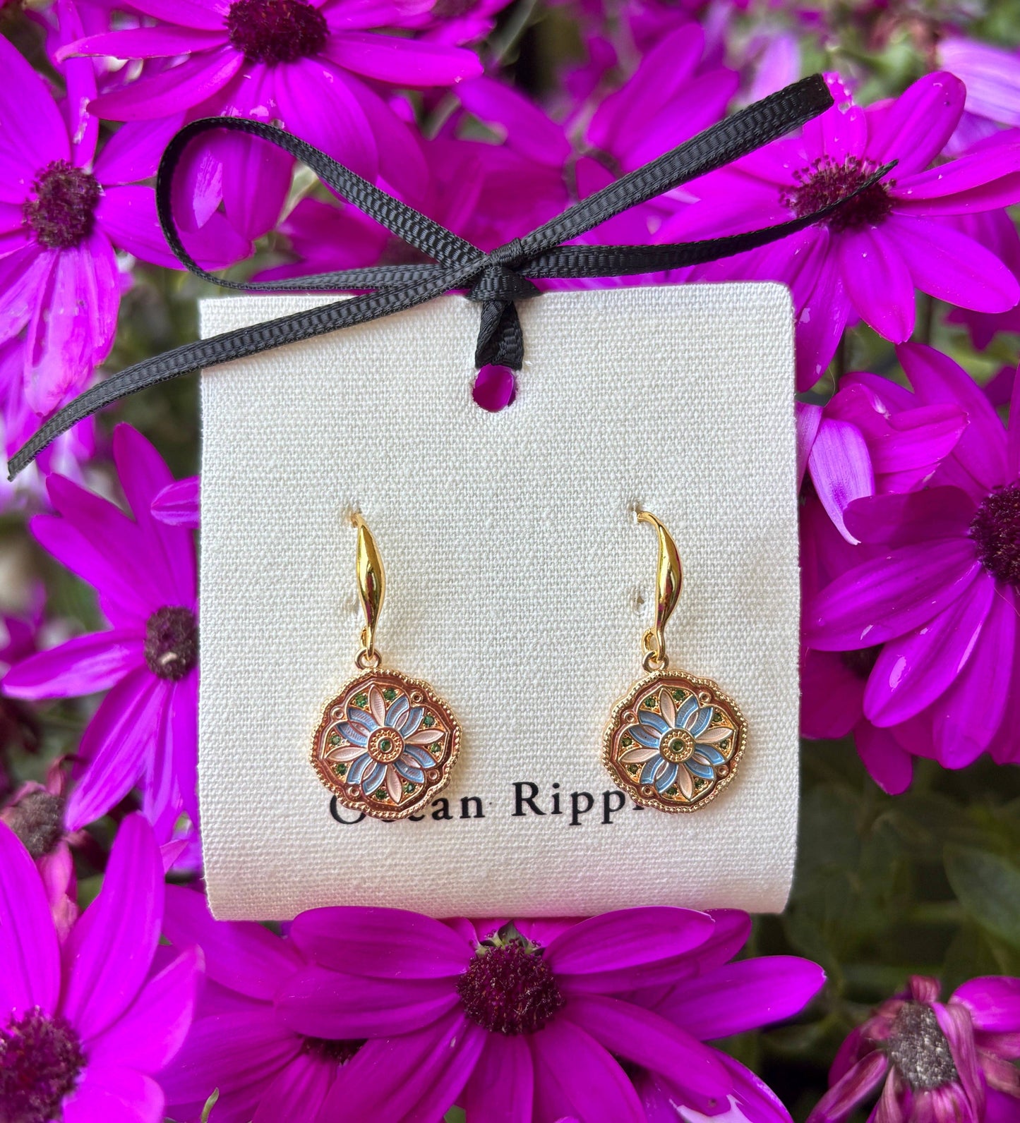 Ocean Ripples 14ct Gold Plated Floral Mosaic Drop Earrings
