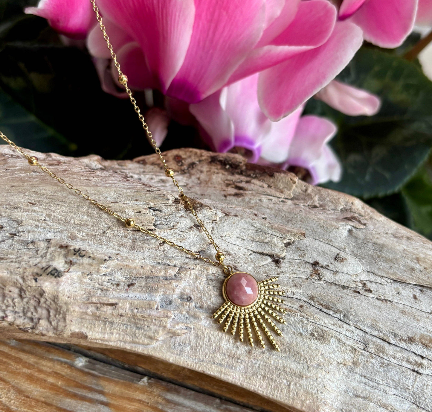 Ocean Ripples 18ct Gold Plated Rhodochrosite Feather Necklace