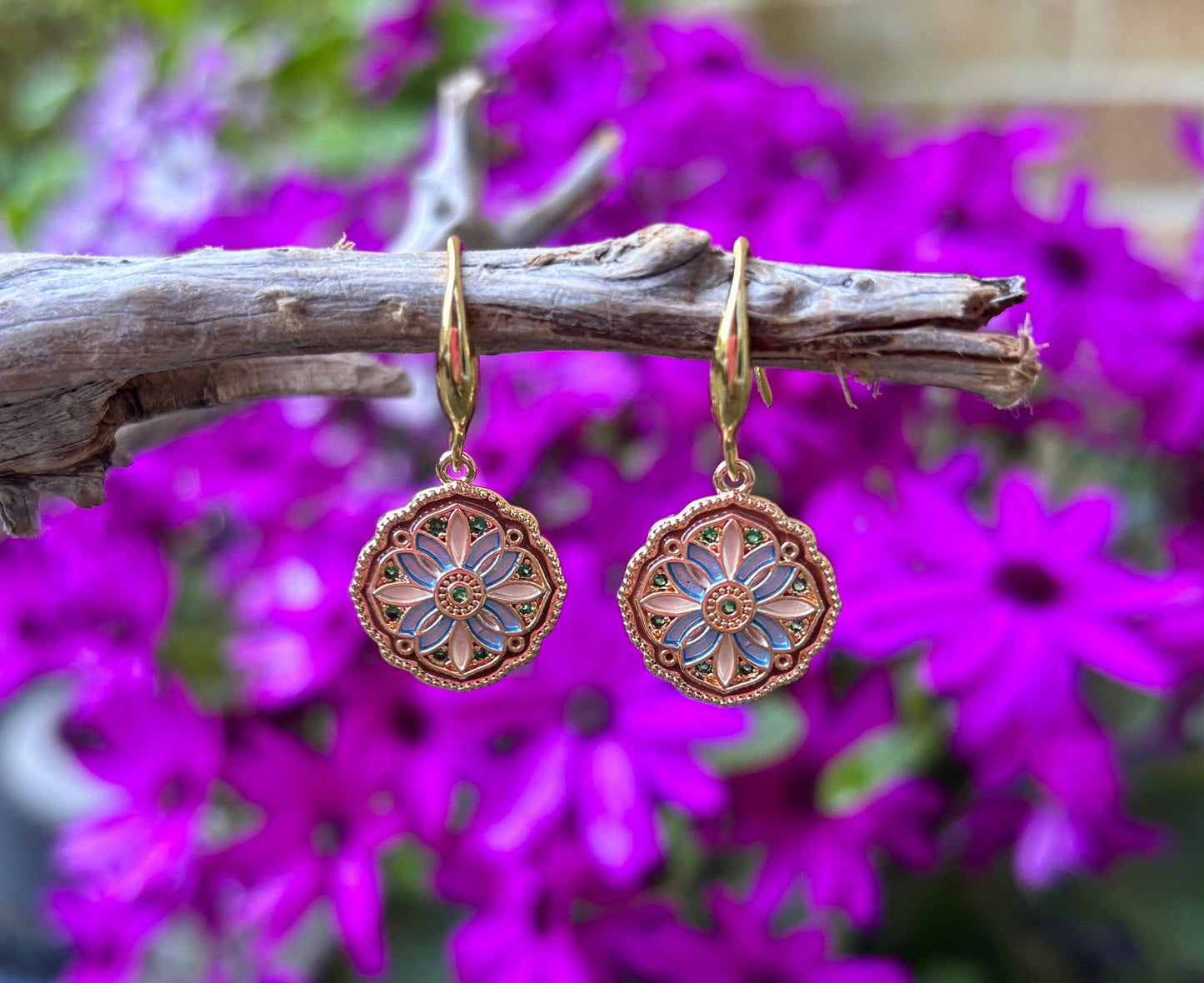 Ocean Ripples 14ct Gold Plated Floral Mosaic Drop Earrings