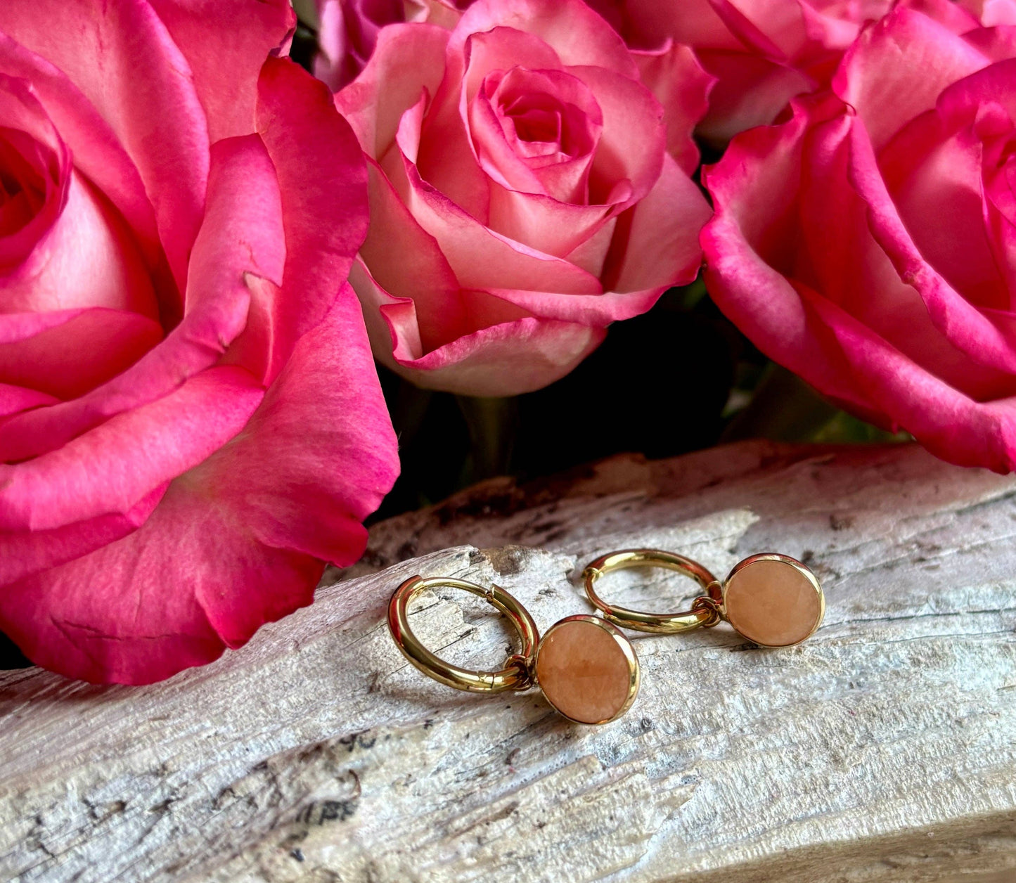 Ocean Ripples 18ct Gold Plated Huggie Earrings with Natural Stones – Available in Three Options: Rose Quartz