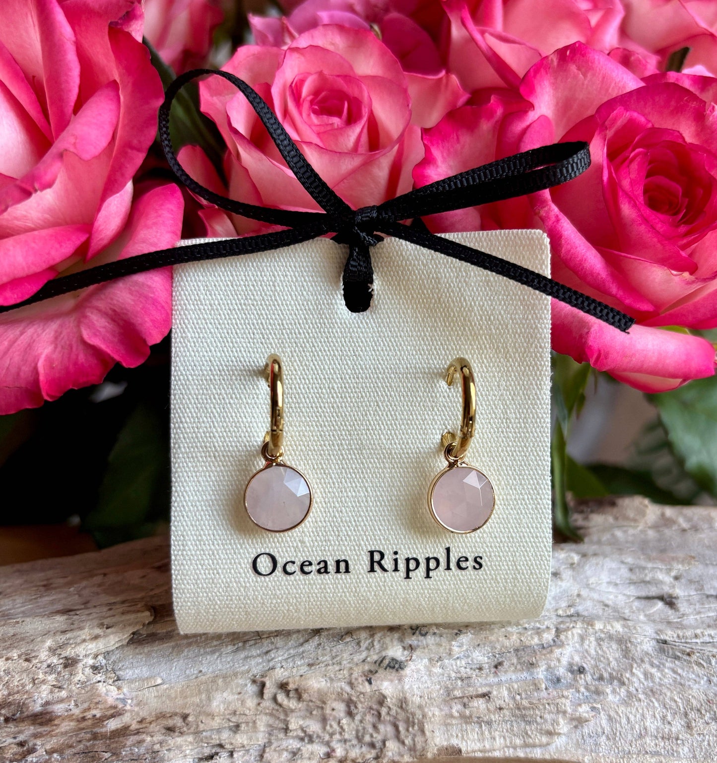 Ocean Ripples 18ct Gold Plated Huggie Earrings with Natural Stones – Available in Three Options: Rose Quartz