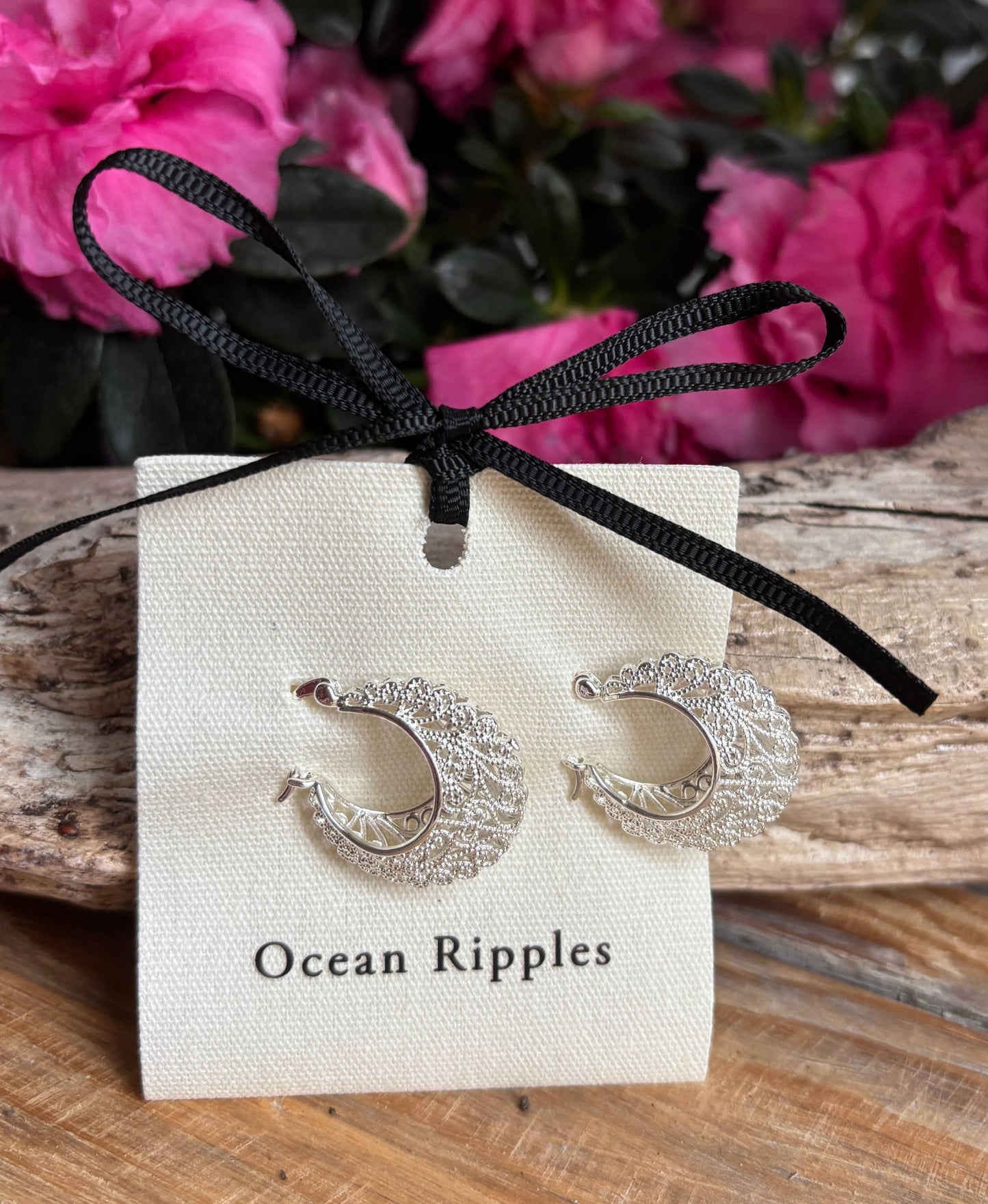 Ocean Ripples Silver Lace Hoop Earrings 