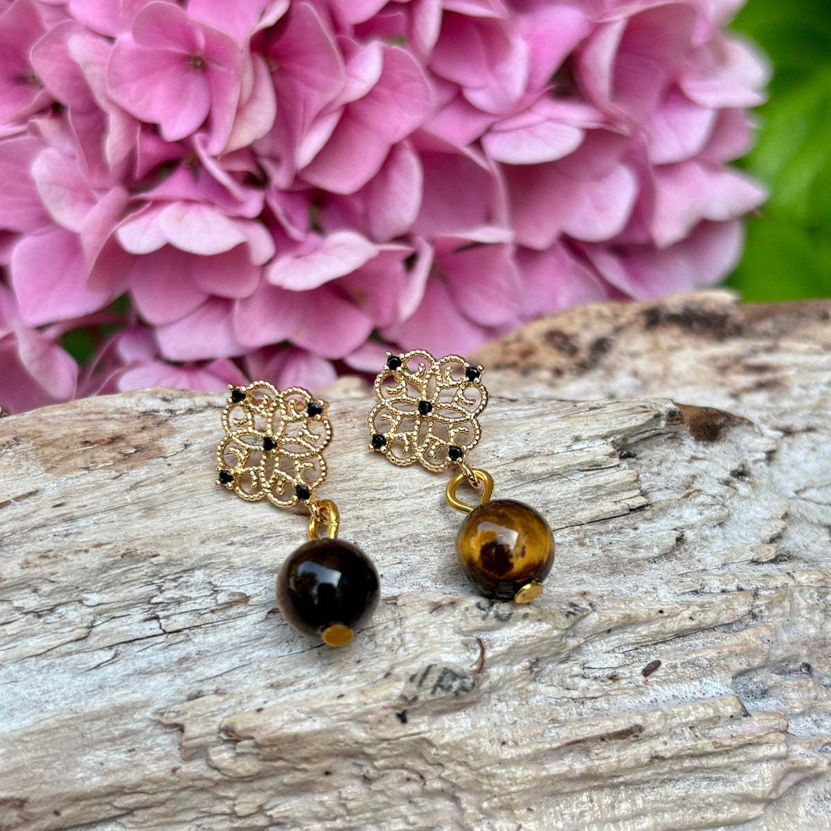 Ocean Ripples 14ct Gold Plated Tiger's Eye Drop Earrings