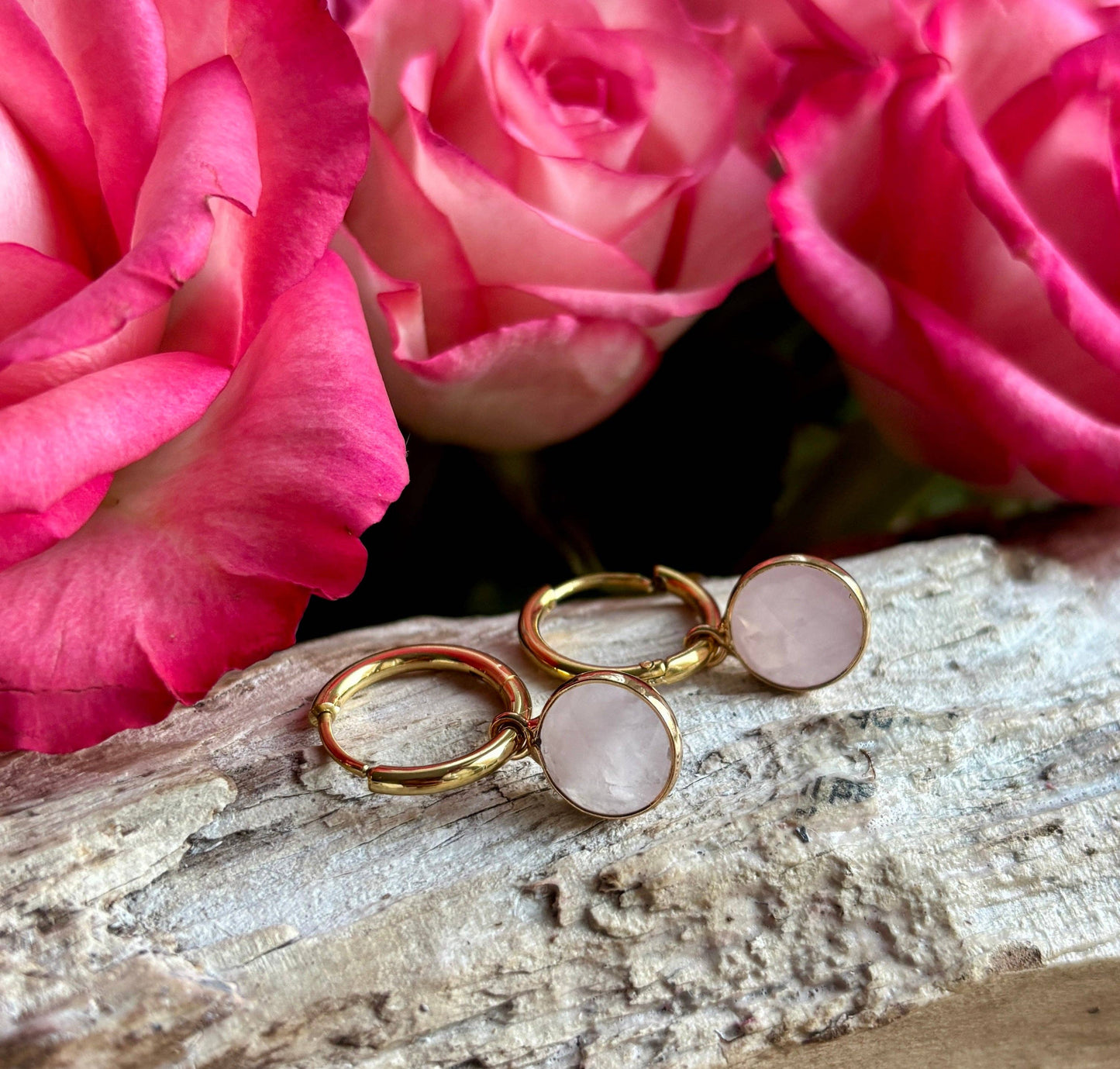 Ocean Ripples 18ct Gold Plated Huggie Earrings with Natural Stones – Available in Three Options: Rose Quartz