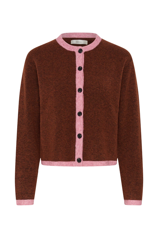 Inwear Guna Brown cardigan with pink edging