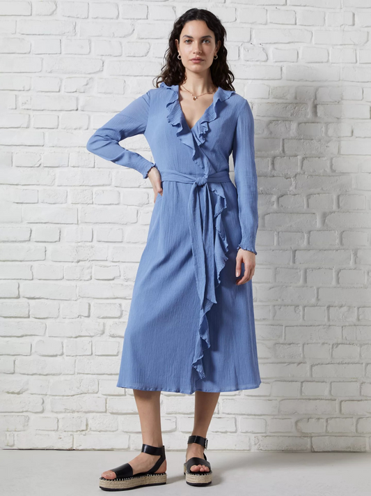 Great Plains Cotton Blend Ruffle Wrap Dress - Lake Blue