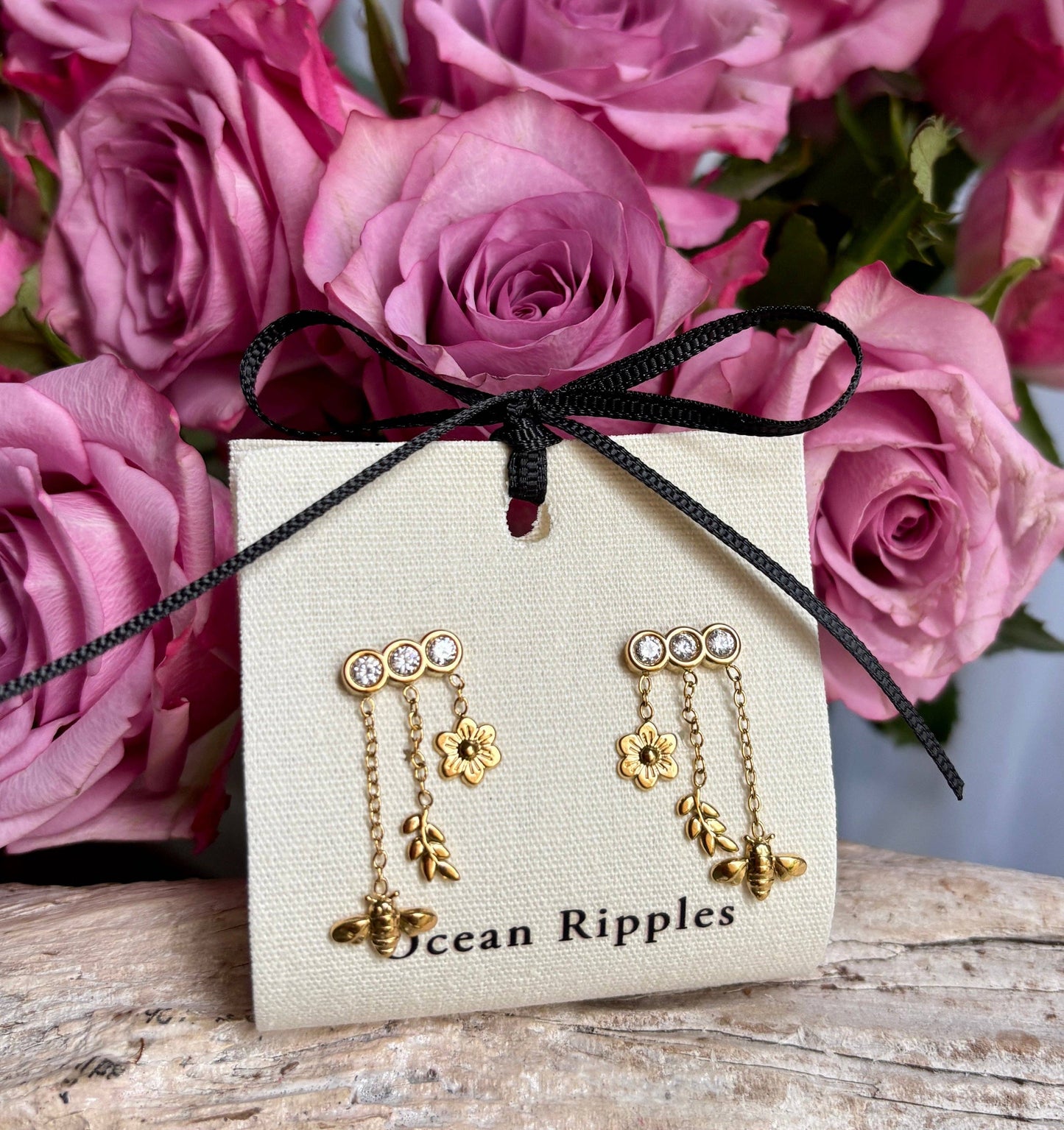 Ocean Ripples 18ct Gold Plated Cubic Zirconia Honeybee Charm Drop Earrings.