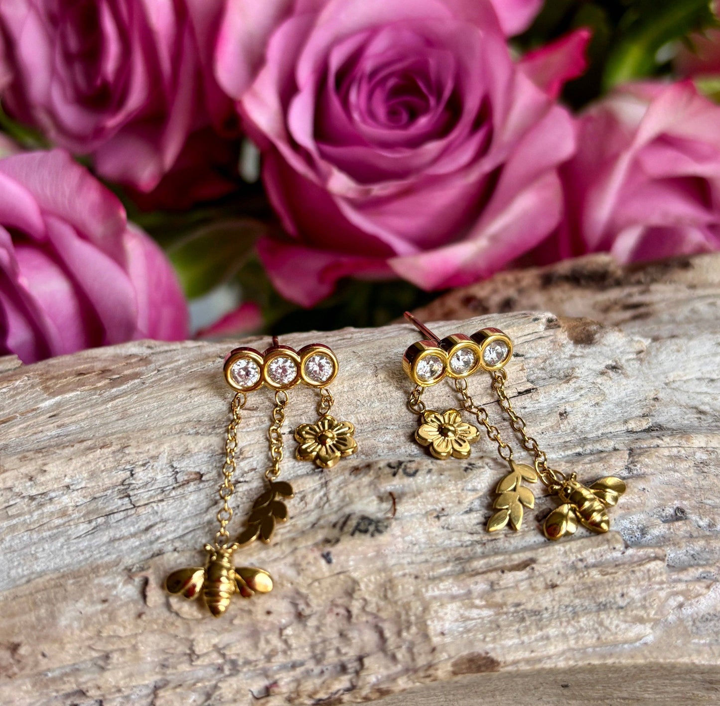 Ocean Ripples 18ct Gold Plated Cubic Zirconia Honeybee Charm Drop Earrings.
