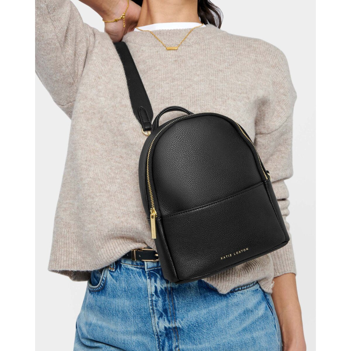 Katie Loxton Mika Small Backpack in Black and Bitter Chocolate Suedette