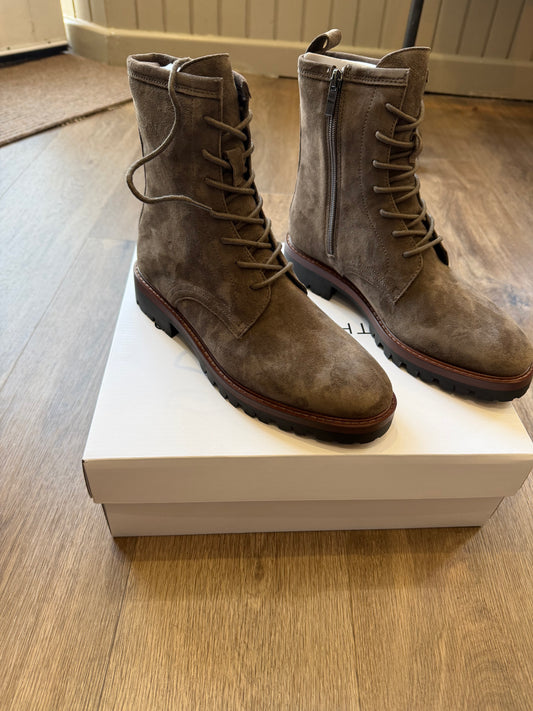 Another Trend English Brown suede-look lace-up ankle boots with side zip and chunky black cleated sole.