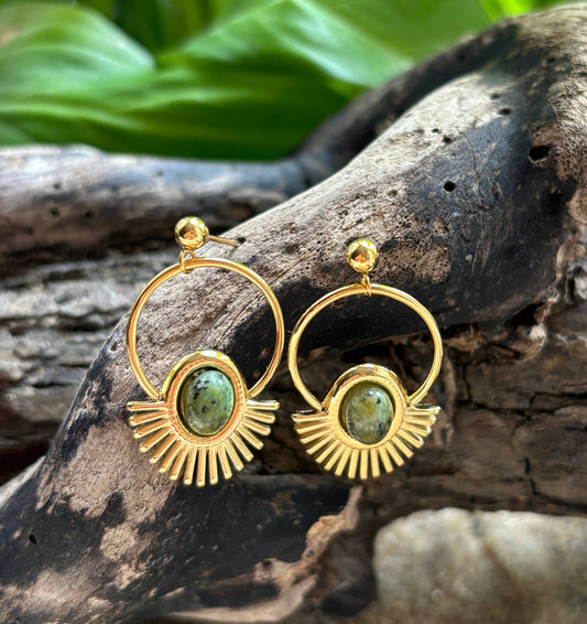 Ocean Ripples 18ct Gold Plated African Turquoise Hammered Hoop Earrings -