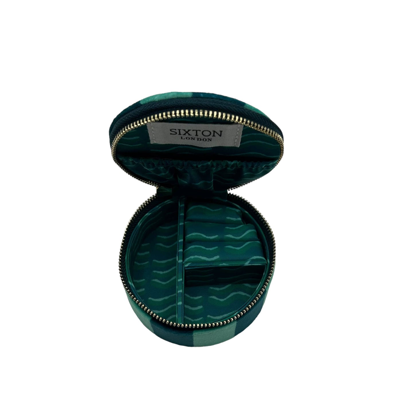 Green jewelry box with 'Sixton London' label on a white background