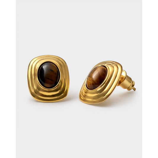 Katie Loxton Tiger's Eye Waterproof Gold Button Stud Earrings